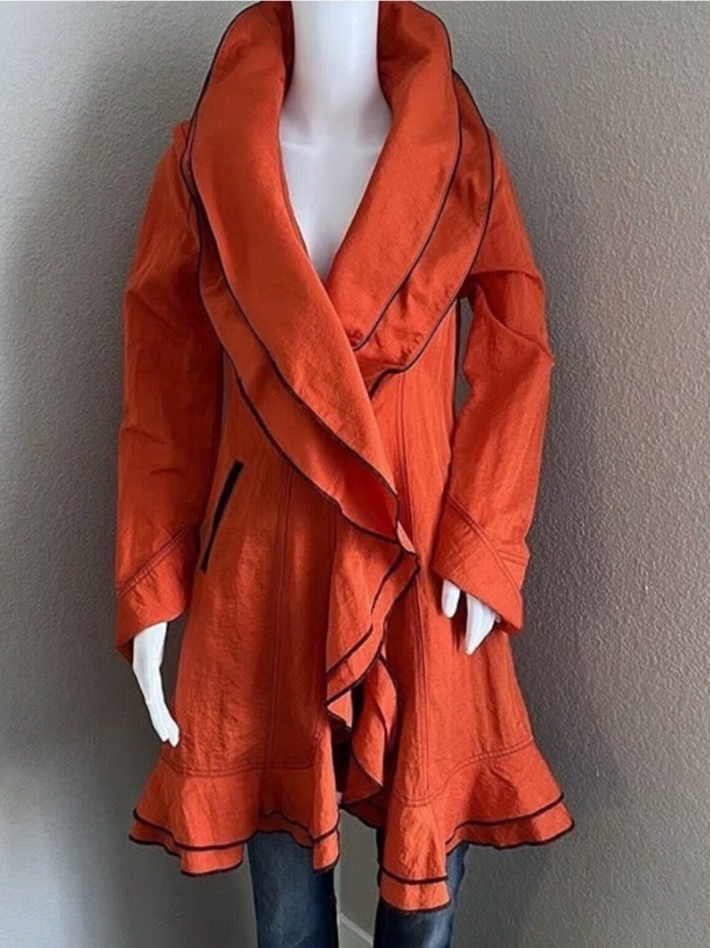 Asymmetrical Orange Ruffle-Trim Art to wear jacket